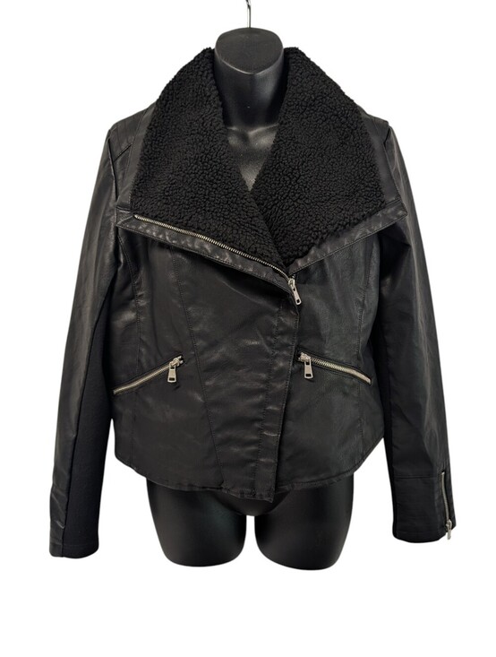 Baccini Jackets & Blazers - Baccini Black Faux Leather Sherpa Collar Moto Jacket Asymmetrical Zip Size M